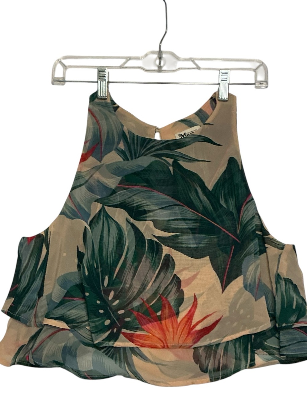 Show Me Your MuMu Green & Beige Tropical Leaf Layered Halter Top sz L